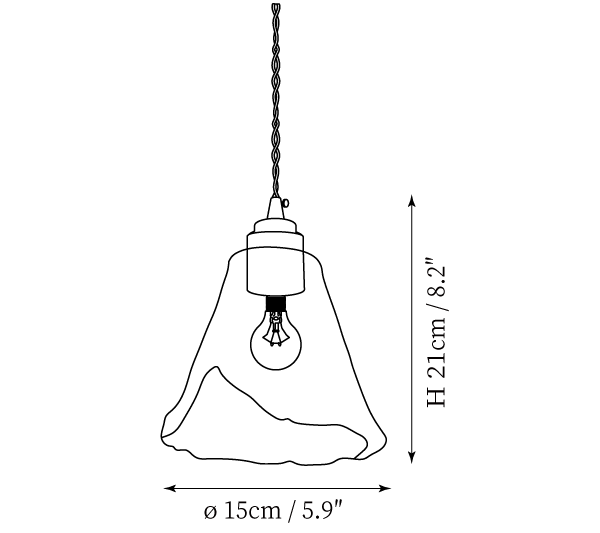 Clérachic pendant light dimension drawing, 1 of 3, every measurement marked in centimetres and inches.
