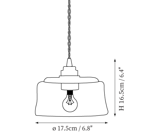 Clérachic pendant light dimension drawing, 2 of 3, every measurement marked in centimetres and inches.