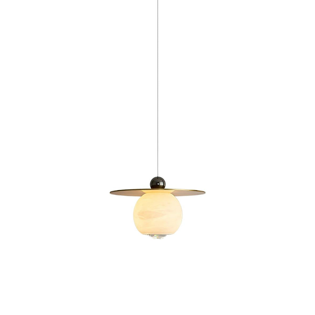 Clérachic Brass and Alabaster Globe Cord Pendant Light shown against white, the globe tucked under its flat brass plate.