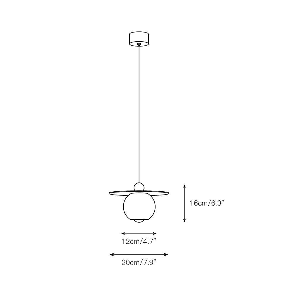 Dimension drawing for the Clérachic brass and alabaster globe pendant: 20 cm (7.9″) disc, 12 cm (4.7″) globe, 16 cm (6.3″) high.