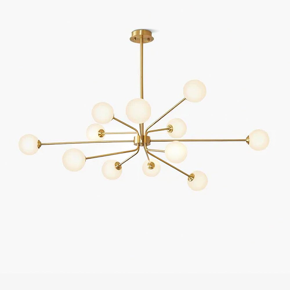 Brass Clérachic chandelier with a long central rod and many arms ending in white globes, on a pale backdrop.