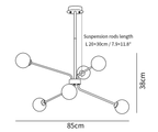 Clérachic chandelier dimension drawing, 1 of 3, every measurement marked in centimetres and inches.
