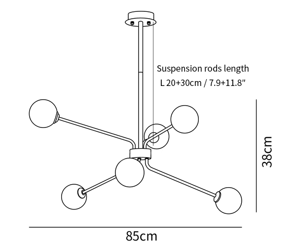 Clérachic chandelier dimension drawing, 1 of 3, every measurement marked in centimetres and inches.