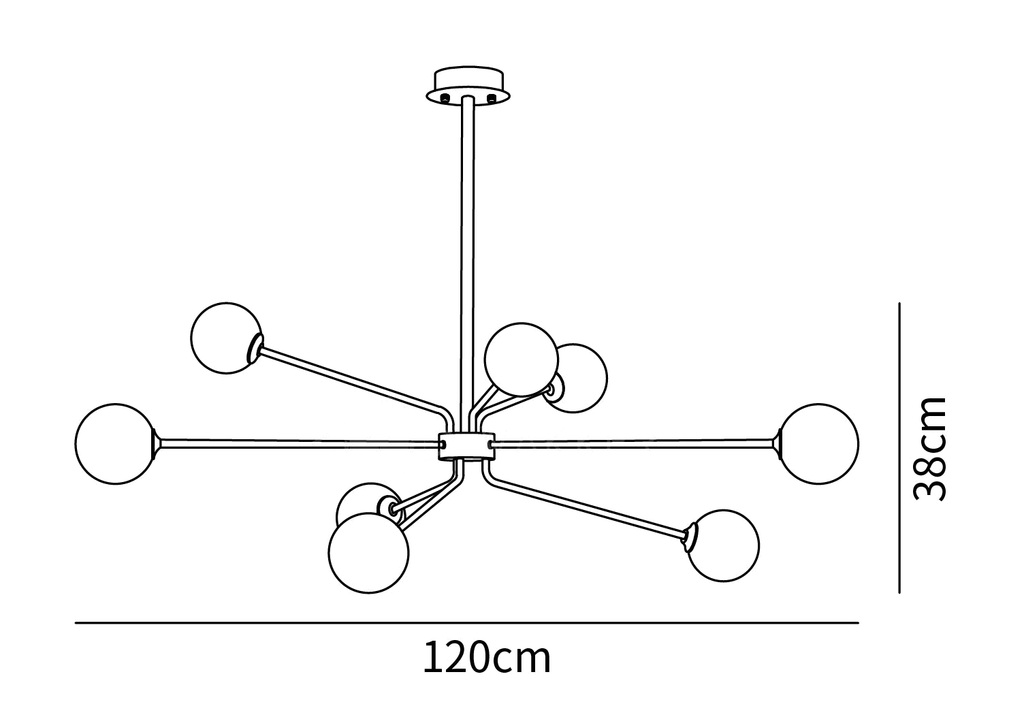 Clérachic chandelier dimension drawing, 2 of 3, every measurement marked in centimetres and inches.