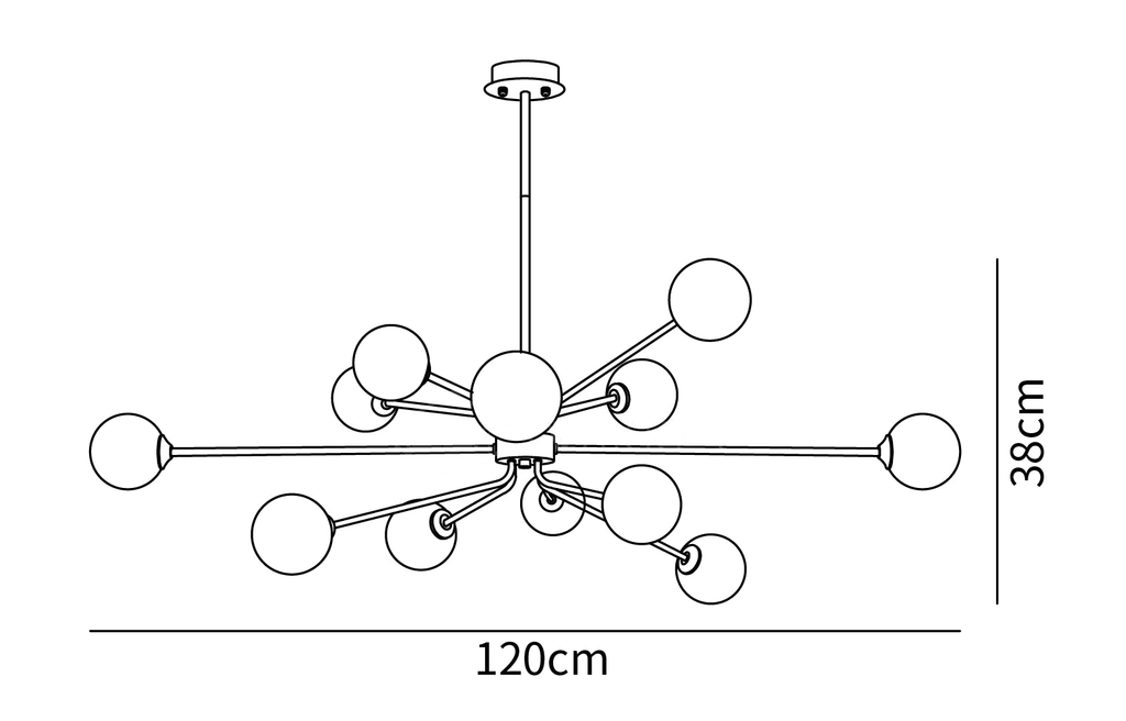 Clérachic chandelier dimension drawing, 3 of 3, every measurement marked in centimetres and inches.