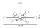 Clérachic chandelier dimension drawing, 3 of 3, every measurement marked in centimetres and inches.