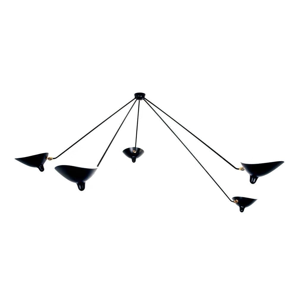 Photographed on a white background, this Clérachic ceiling light's five black arms splay from ball joints to cone shades.
