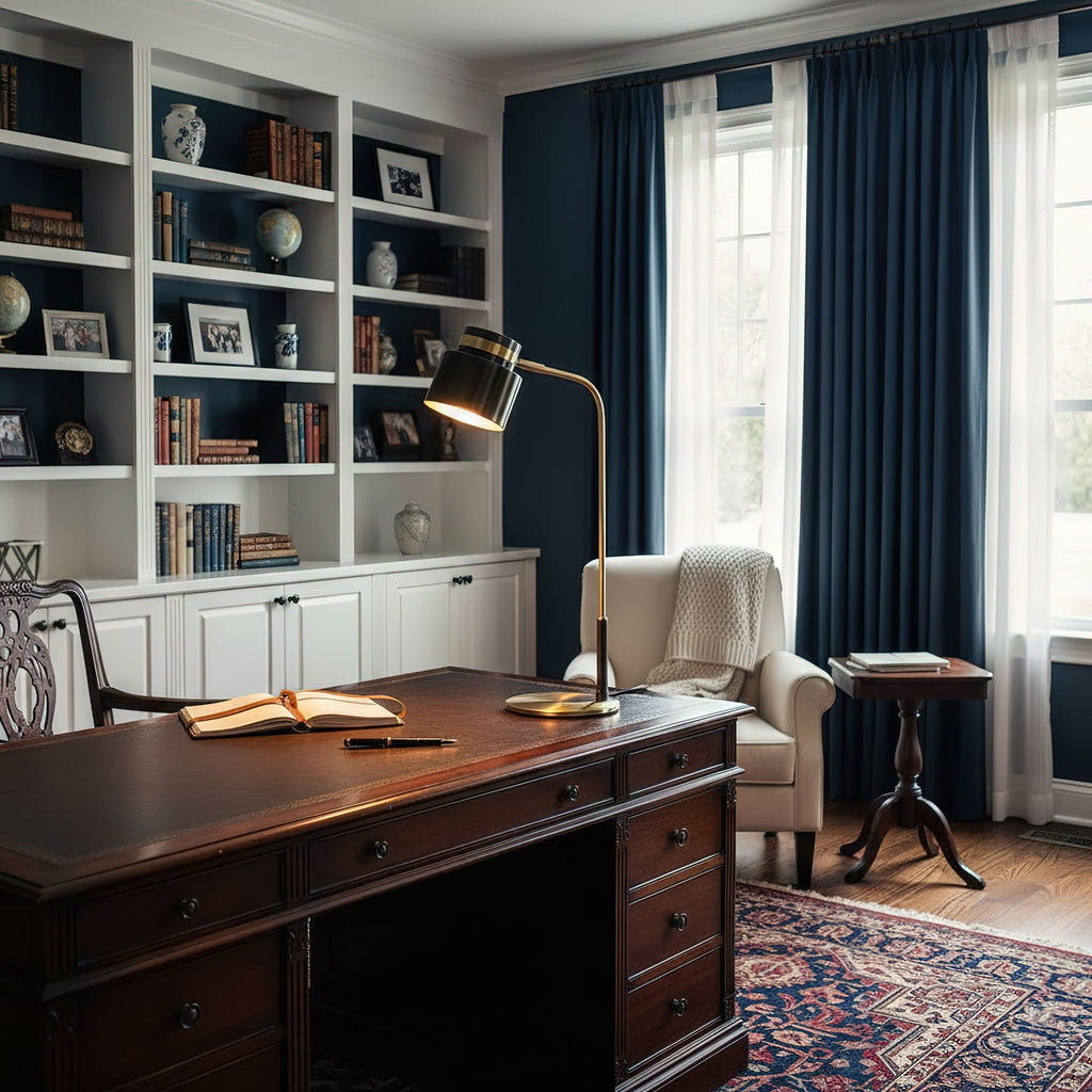 A Clérachic table lamp on a dark wooden writing desk, with built-in shelves and navy curtains behind it.