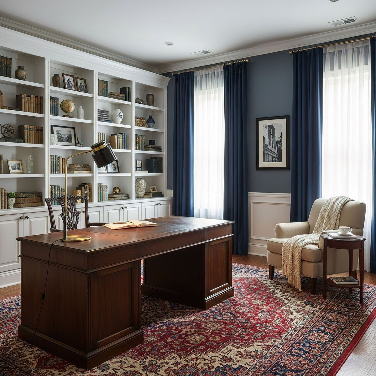 A Clérachic table lamp on a traditional wooden desk in a study with white bookshelves, navy drapes and a patterned red rug.