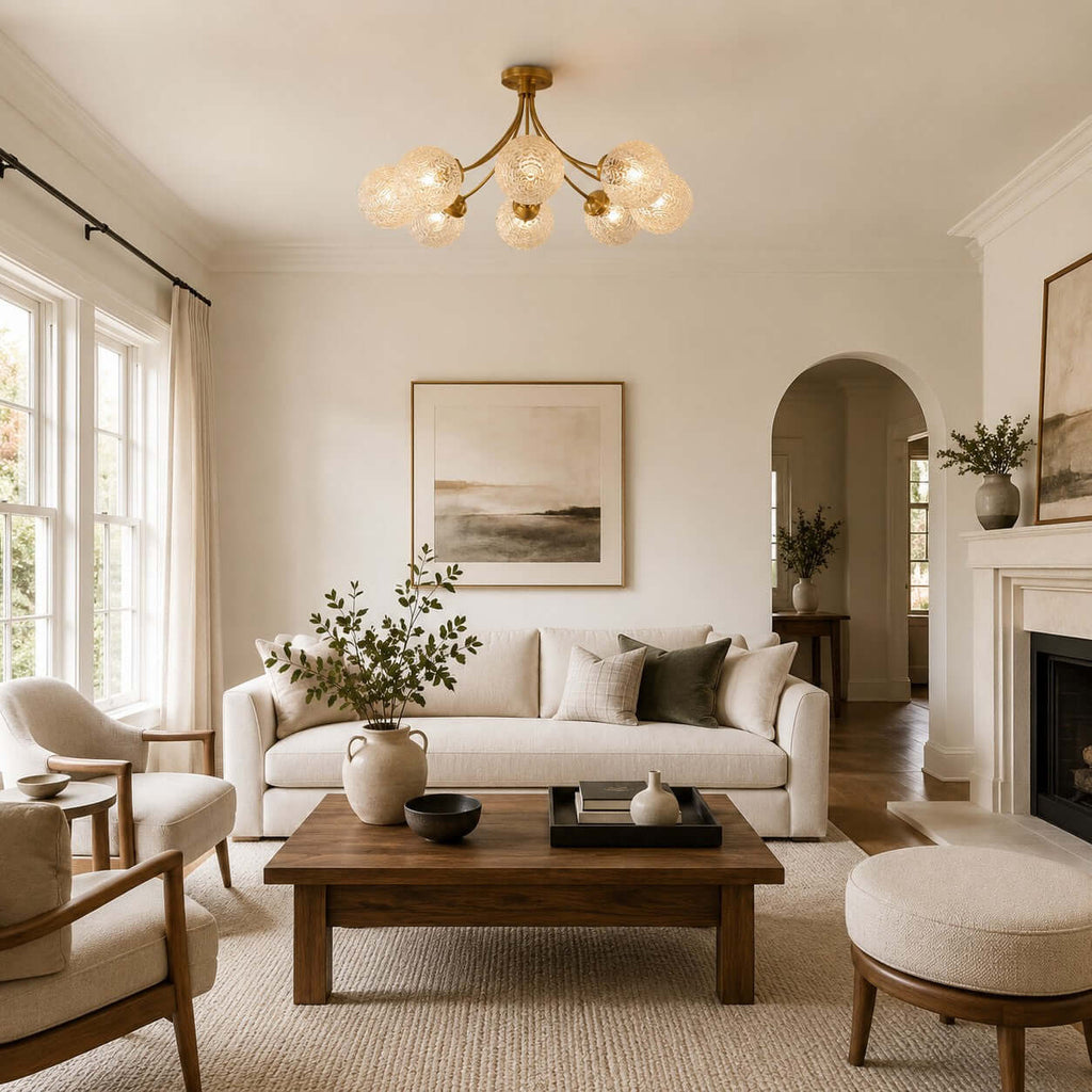 Brass bouquet Clérachic ceiling light over a living room with a linen sofa, a square wooden coffee table and an arched doorway.