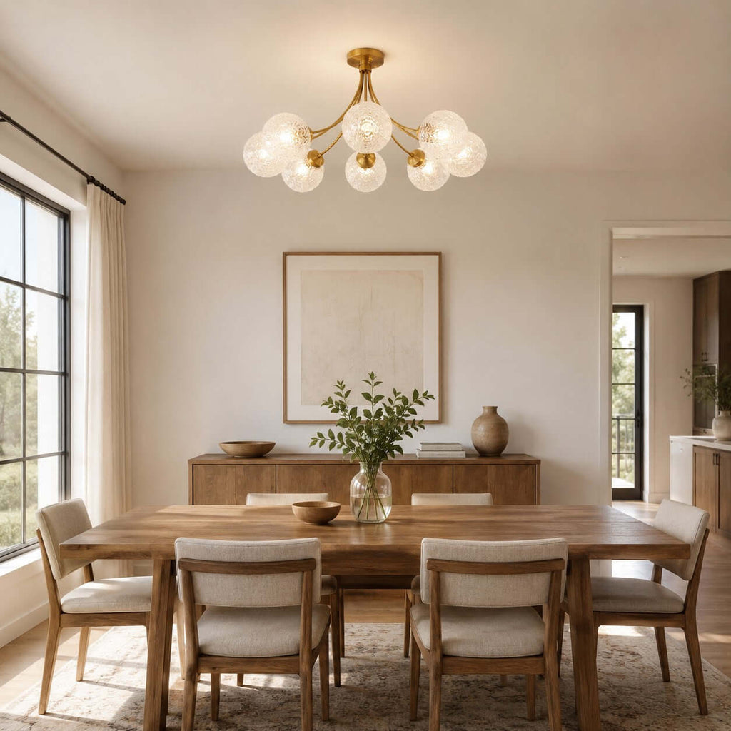 Clérachic ceiling light with rippled glass globes above a long wooden dining table with six cushioned chairs and a framed print.
