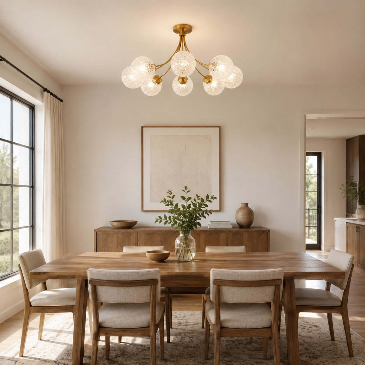 Clérachic ceiling light with rippled glass globes above a long wooden dining table with six cushioned chairs and a framed print.