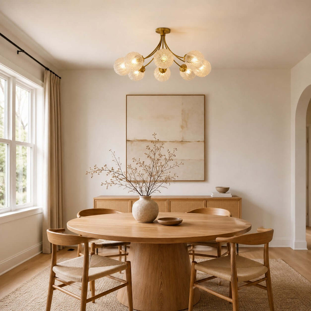 Brass Clérachic ceiling light above a round pale wood dining table, with a vase of dried branches and a sideboard behind.