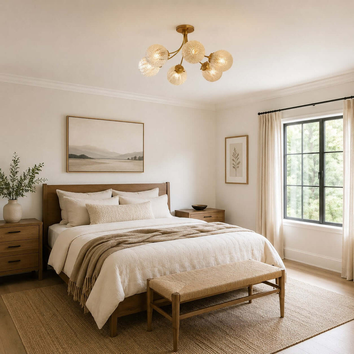 Clérachic brass ceiling light with rippled globes in a bedroom with a wood-framed bed, a woven bench and a landscape print.