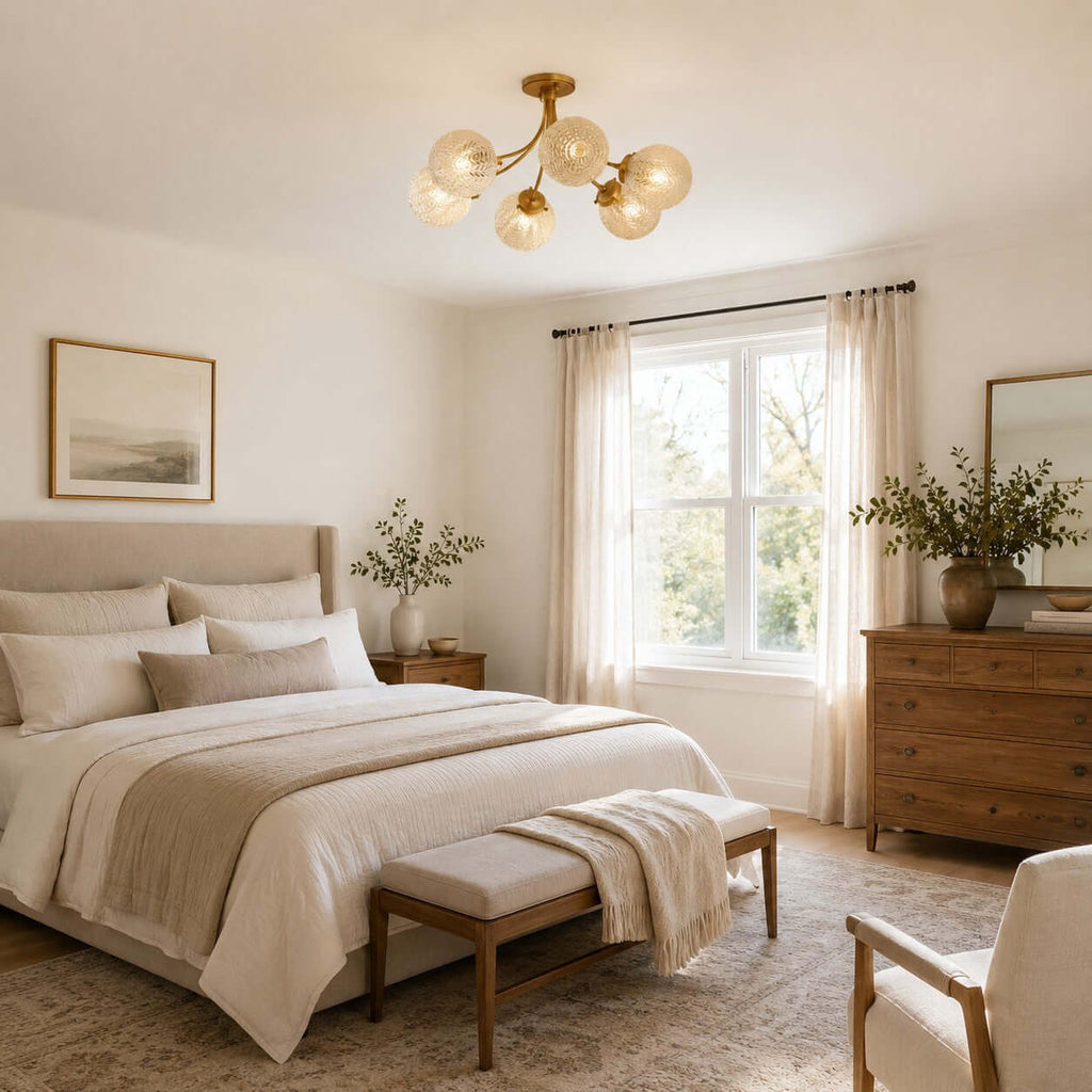 Brass Clérachic ceiling light with textured glass globes in a bedroom with a linen bed, a wood chest and bright windows.