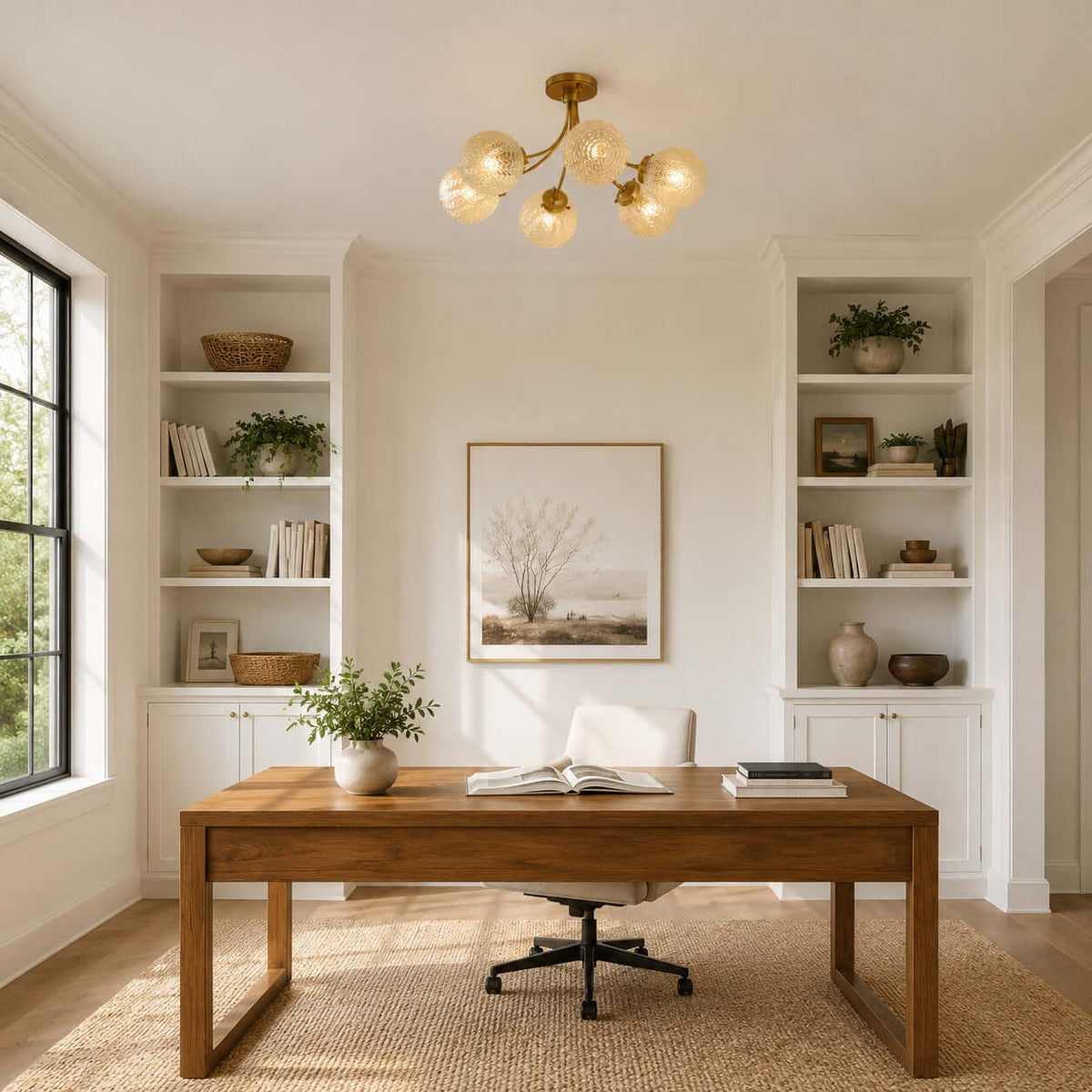 Brass Clérachic ceiling light above a home office with a solid wood desk, built-in shelves and a window with black frames.