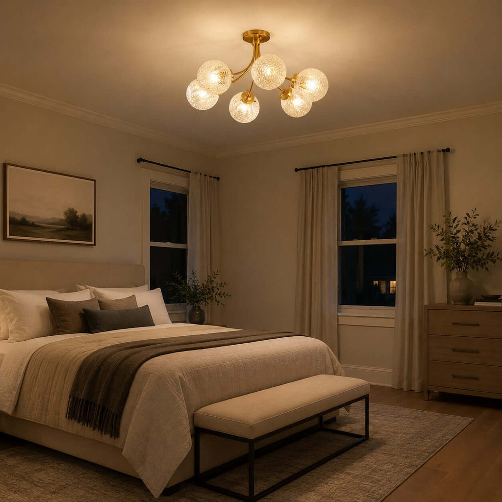 Clérachic ceiling light glowing in a dim evening bedroom with a bench at the bed foot and dark windows behind the curtains.