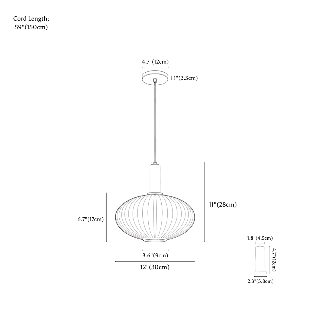 Clérachic pendant light dimension drawing, Round Lantern, 30 cm × 28 cm, every measurement marked in centimetres and inches.