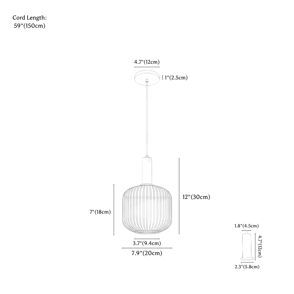 Clérachic pendant light dimension drawing, Barrel Pendant, 20 cm × 30 cm, every measurement marked in centimetres and inches.