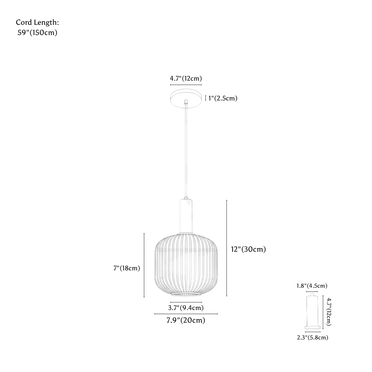 Clérachic pendant light dimension drawing, Barrel Pendant, 20 cm × 30 cm, every measurement marked in centimetres and inches.