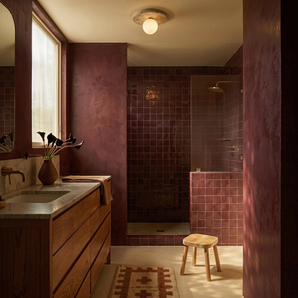 The terrazzo ceiling light glows above a burgundy-tiled walk-in shower and wood vanity in this Clérachic lifestyle shot.