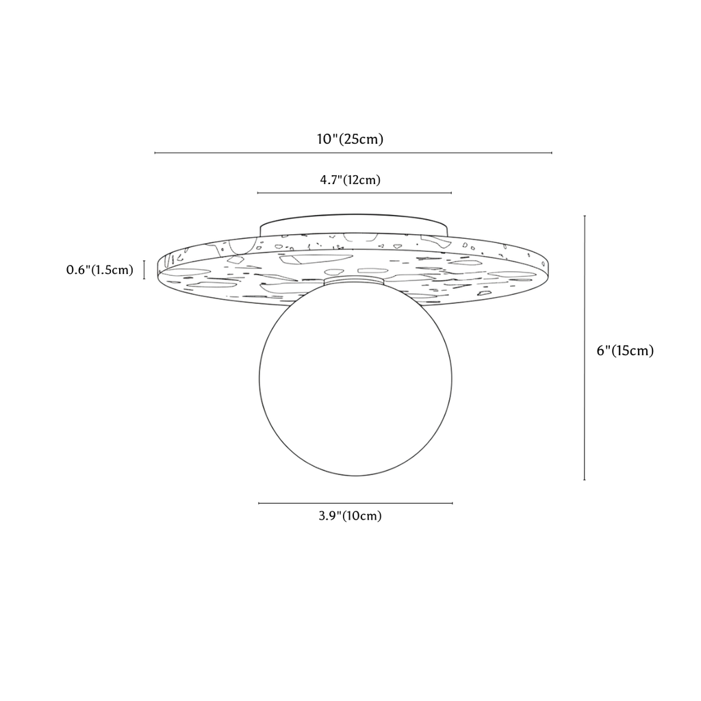 Clérachic ceiling light dimension drawing, 25 cm, every measurement marked in centimetres and inches.