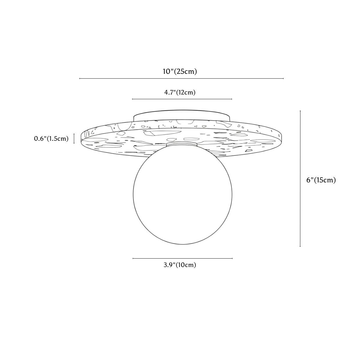 Clérachic ceiling light dimension drawing, 25 cm, every measurement marked in centimetres and inches.