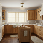 Clérachic brass and ceramic dome light over a kitchen with wooden cabinets, a central island and a window with pale blinds.