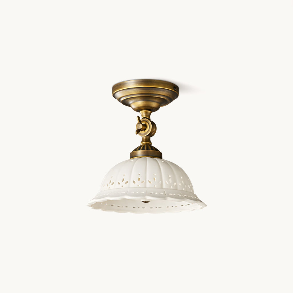 Clérachic brass and white ceramic flush-mount ceiling light, unlit, on a plain white backdrop.
