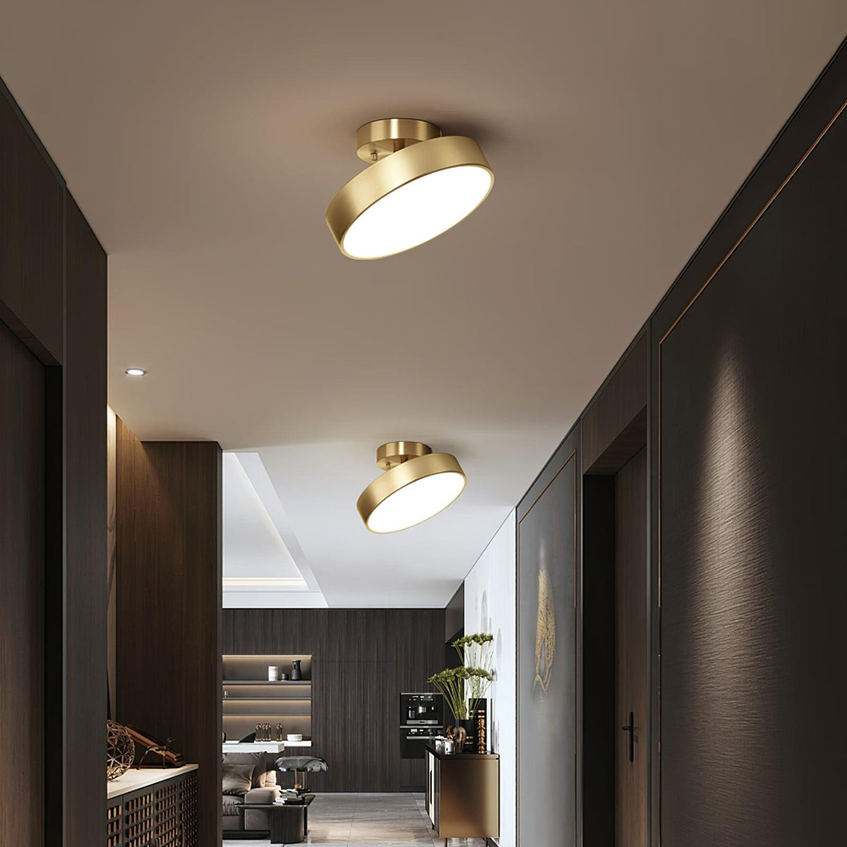 A Clérachic brass ceiling light with its head turned at an angle in a dark-panelled hallway, a second light further along.