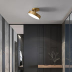 Brass Clérachic ceiling light with its disc tilted sideways, above a dark entry with a wooden shelf and dried stems.