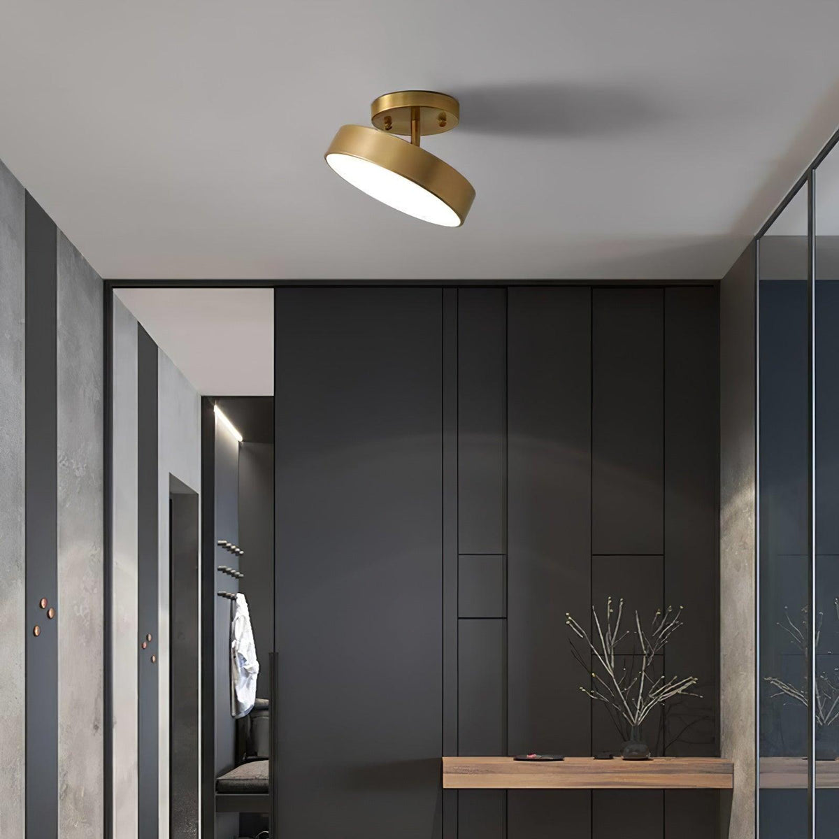 Brass Clérachic ceiling light with its disc tilted sideways, above a dark entry with a wooden shelf and dried stems.