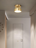 Narrow view of a Clérachic brass ceiling light lit in a pale hallway, with a flush white door at the end.