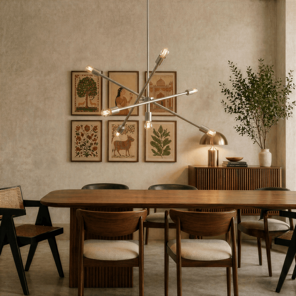 Clérachic chrome sputnik chandelier lit above a walnut dining table, framed folk-art prints on the wall behind.