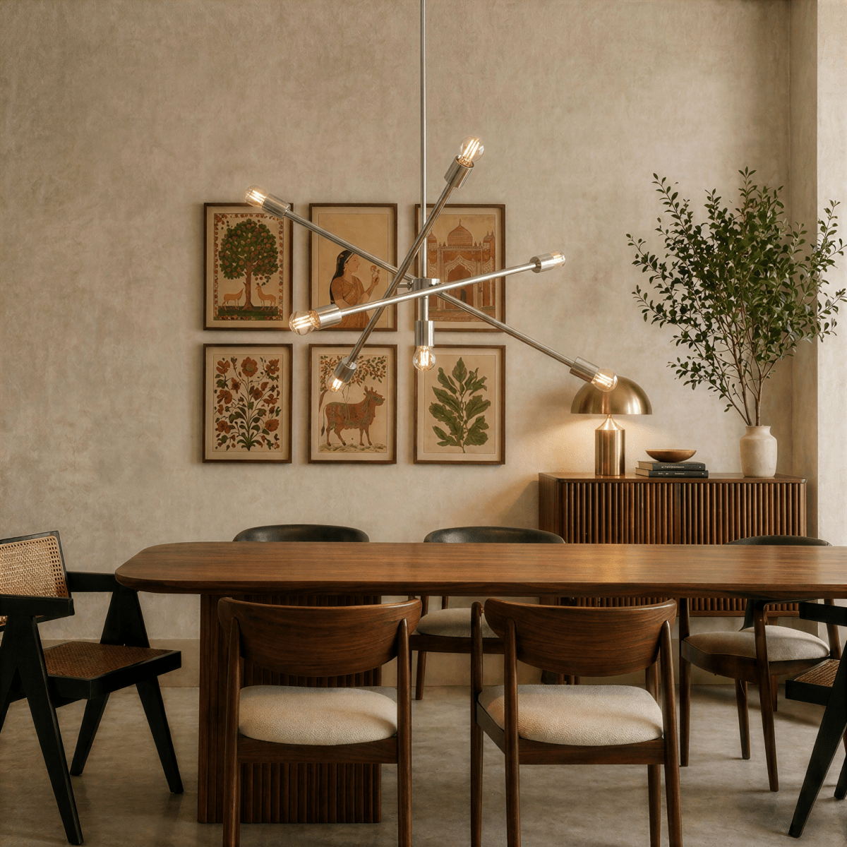 Clérachic chrome sputnik chandelier lit above a walnut dining table, framed folk-art prints on the wall behind.