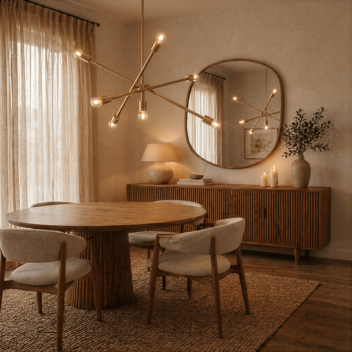 Clérachic brass sputnik chandelier lit above a round dining table, reflected in a mirror beside a wooden sideboard.