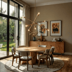 Clérachic brass sputnik chandelier lit above a round table in a sunlit dining room with framed animal prints.