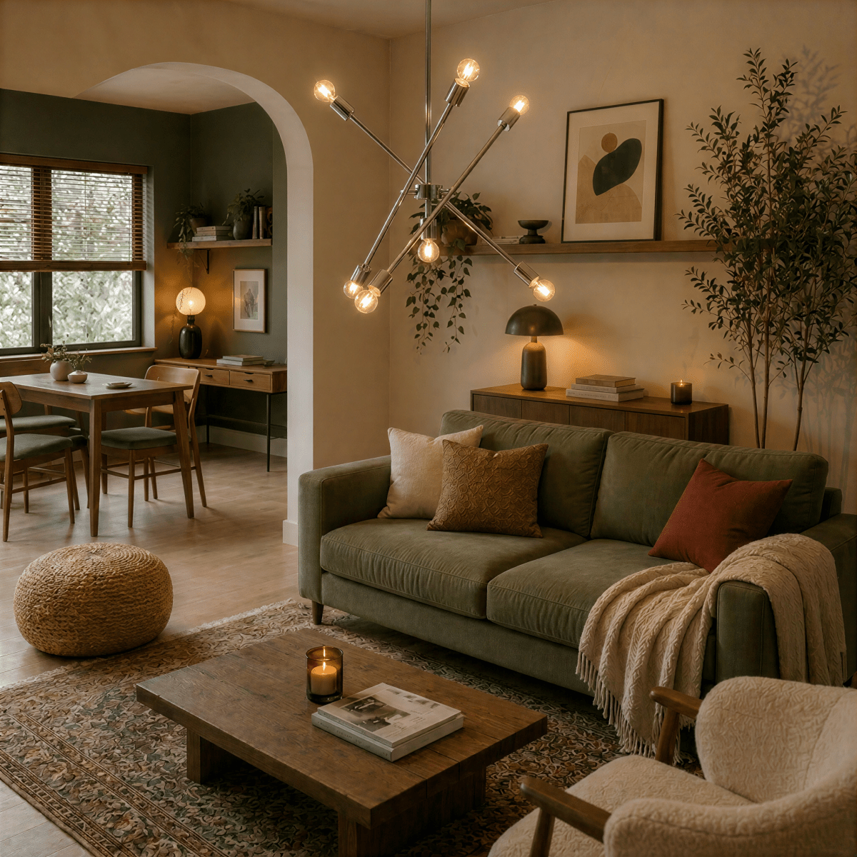Clérachic chrome sputnik chandelier lit in an open living room beside a sofa, a plant and a framed abstract print.