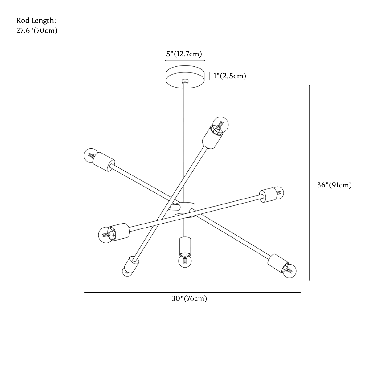 Clérachic chandelier dimension drawing, every measurement marked in centimetres and inches.