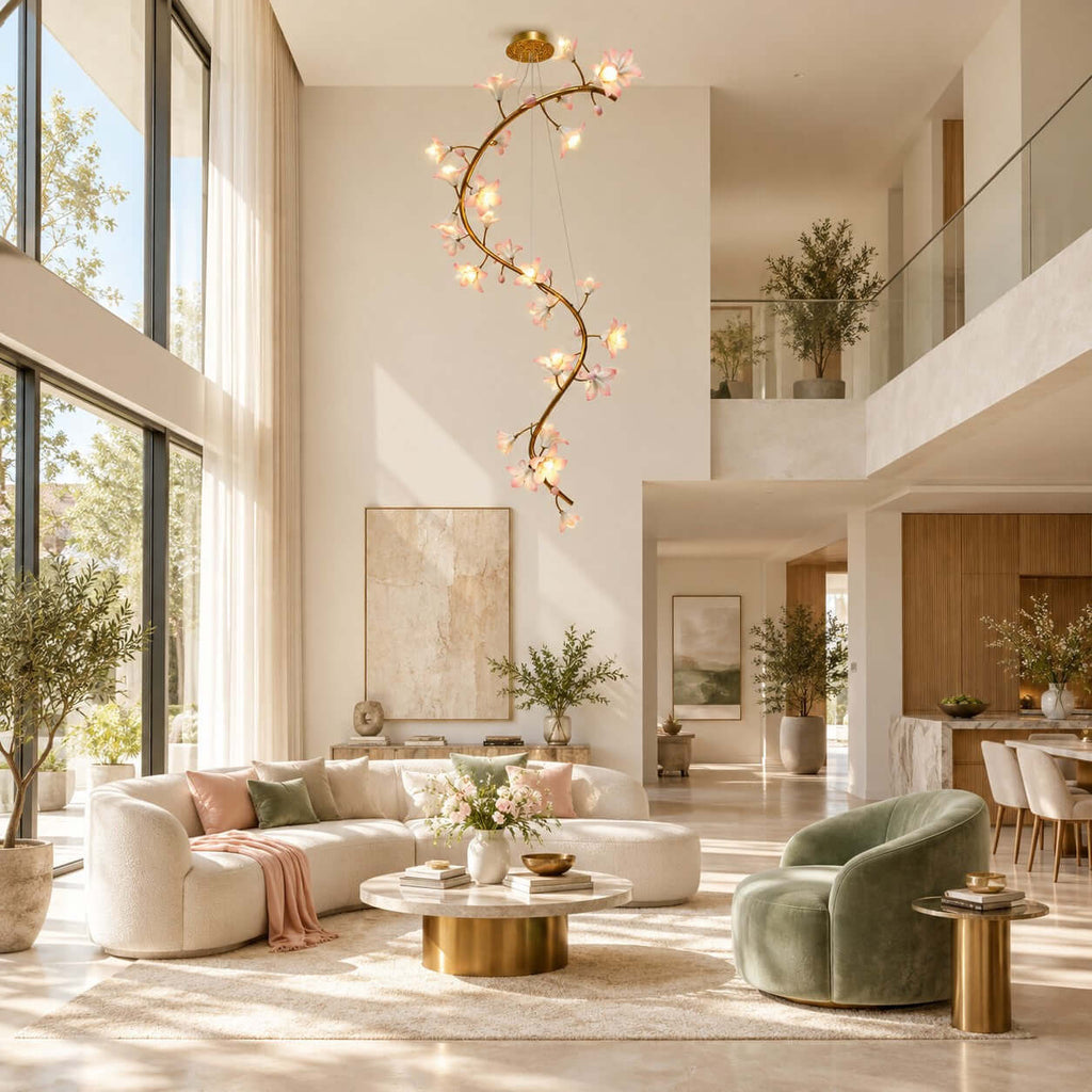 Clérachic vine chandelier lit in a double-height living room, above a curved cream sofa, a green armchair and a brass side table.