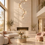 Clérachic blossom chandelier lit beside a travertine fireplace wall, above a round glass coffee table and a blush armchair.