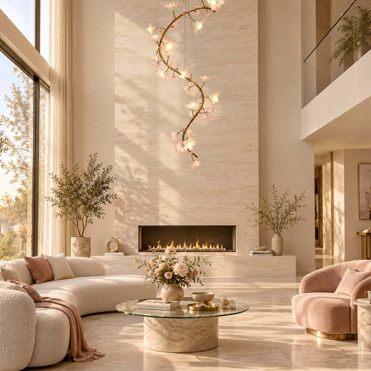 Clérachic blossom chandelier lit beside a travertine fireplace wall, above a round glass coffee table and a blush armchair.
