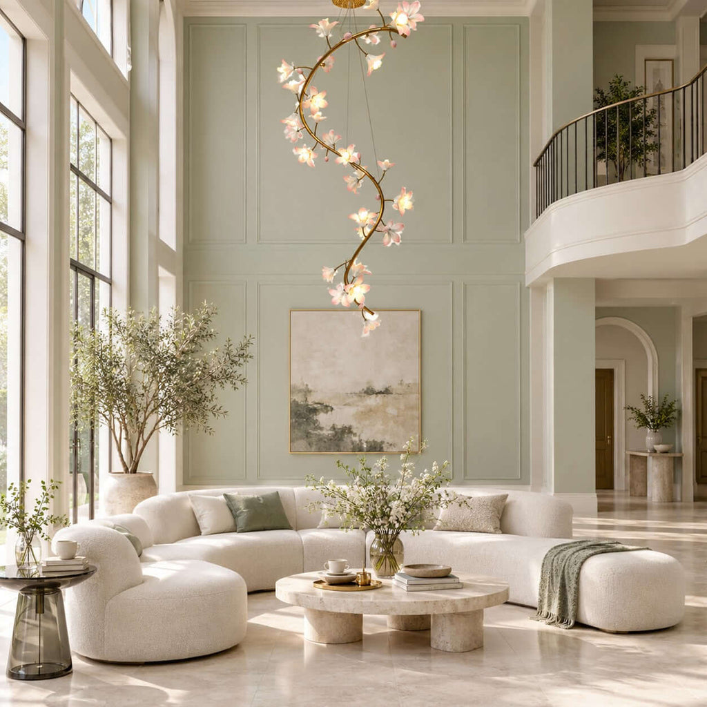 Clérachic chandelier lit against a sage-green panelled wall, above a boucle sofa, a stone coffee table and an olive tree.