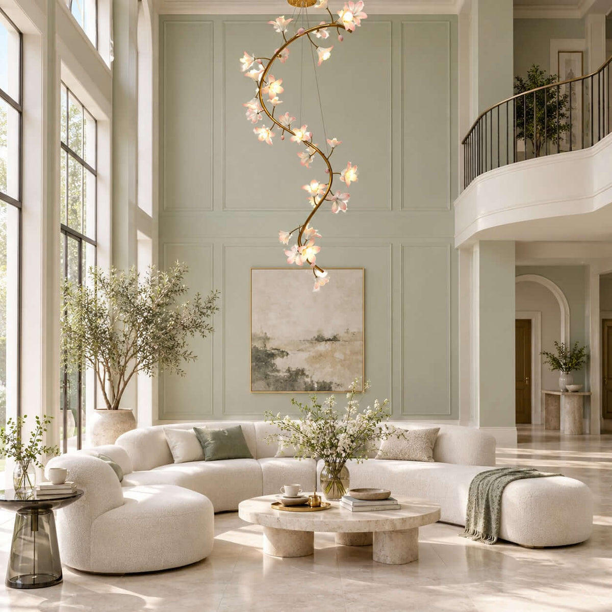 Clérachic chandelier lit against a sage-green panelled wall, above a boucle sofa, a stone coffee table and an olive tree.