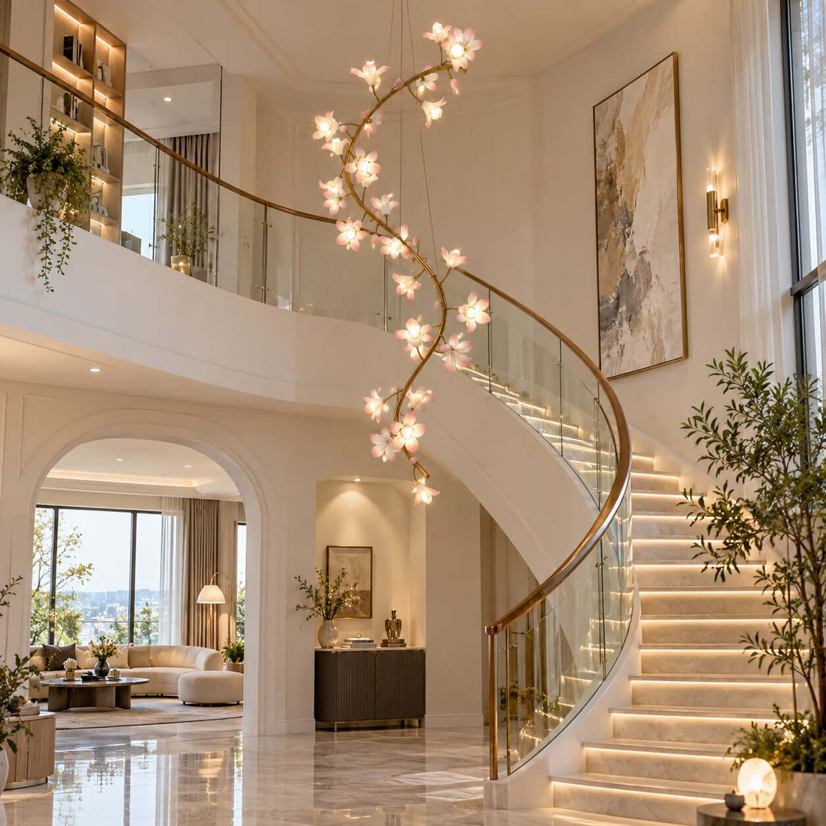 Clérachic vine chandelier hanging over a curved staircase with a brass handrail, its ceramic blooms glowing warm in a bright hall.