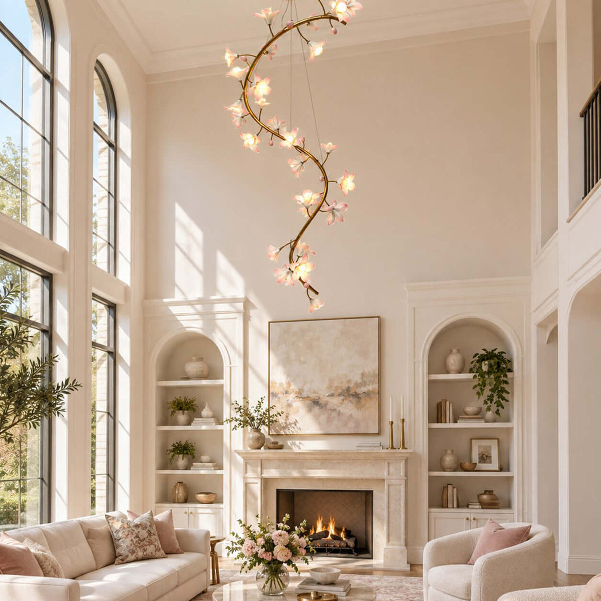 Clérachic chandelier lit in a tall room with arched windows, above a white fireplace flanked by built-in shelves.