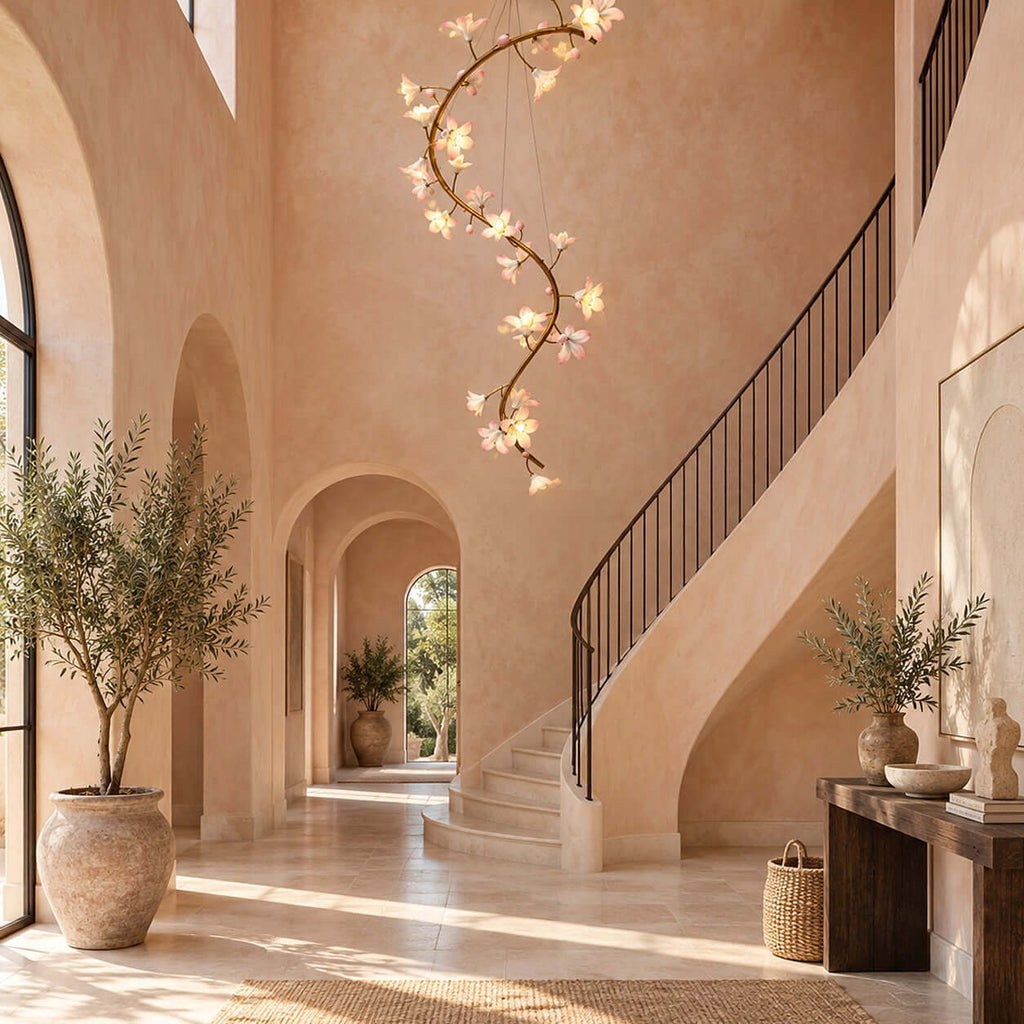 Clérachic chandelier glowing in a peach-plastered entrance hall, beside a curved stair with a black iron balustrade.