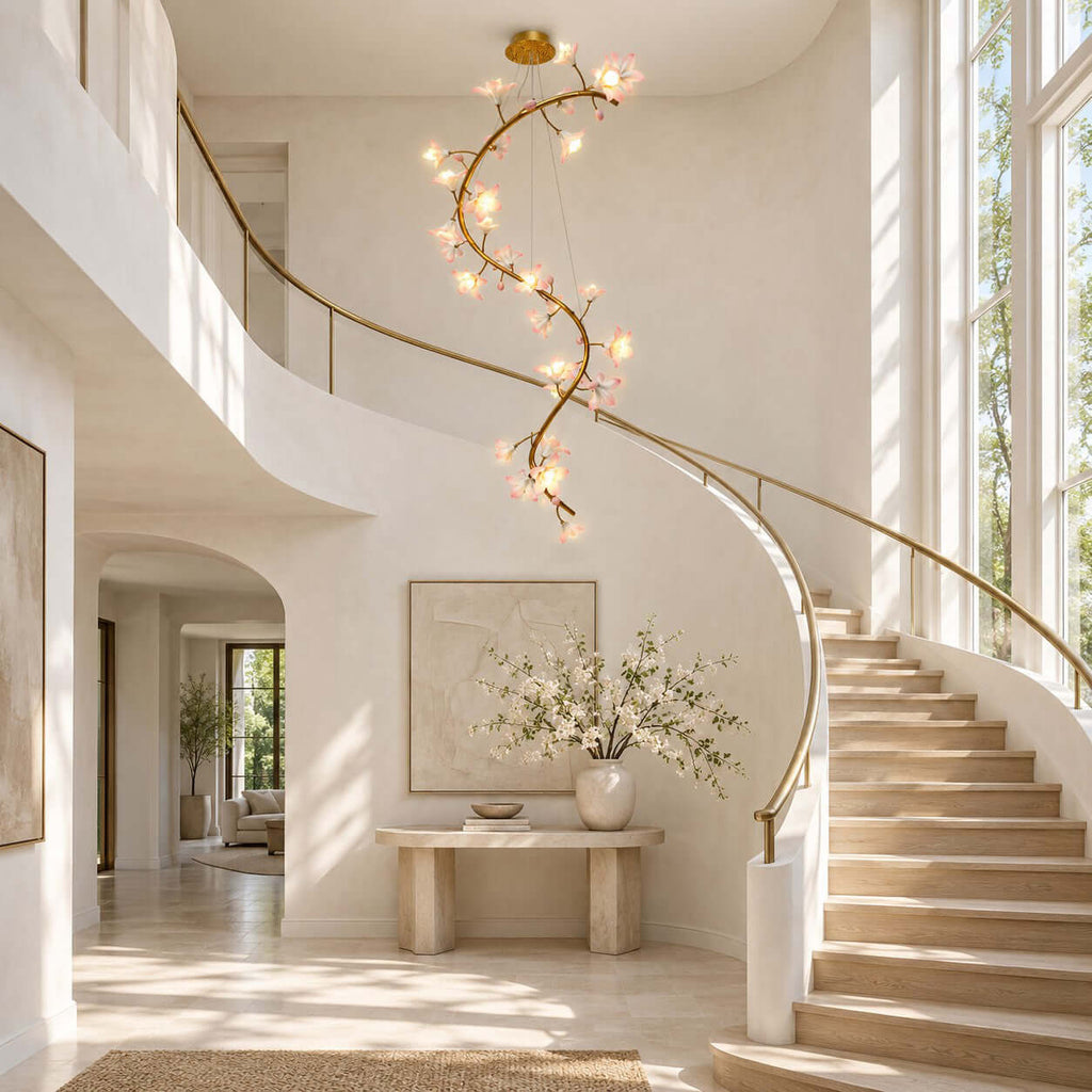 Clérachic vine chandelier hung high above a sweeping white staircase and a console table with a vase of white flowers.