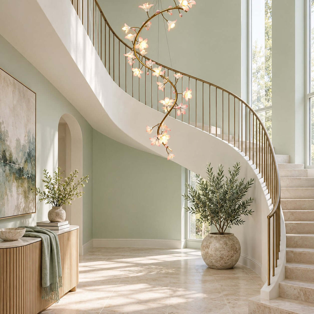 Clérachic chandelier lit beside a curved stair with a slim brass balustrade, in a sage-green hall with an olive tree in a stone pot.