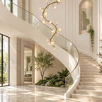 Clérachic blossom chandelier lit in front of a spiralling glass-balustrade staircase, with a planted nook beneath the stairs.